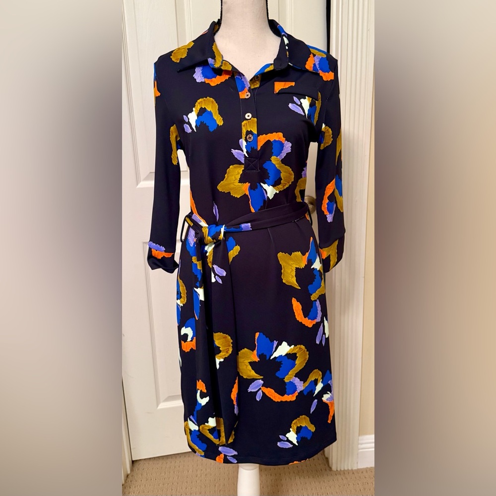 NWT Jean Pierre Klifa Black Long-Sleeve Floral Belted Multicolor Dress, XS